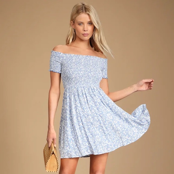 Lulu's One I Love Light Blue Floral Print Off-the-Shoulder Mini Dress S NWT - Picture 1 of 10